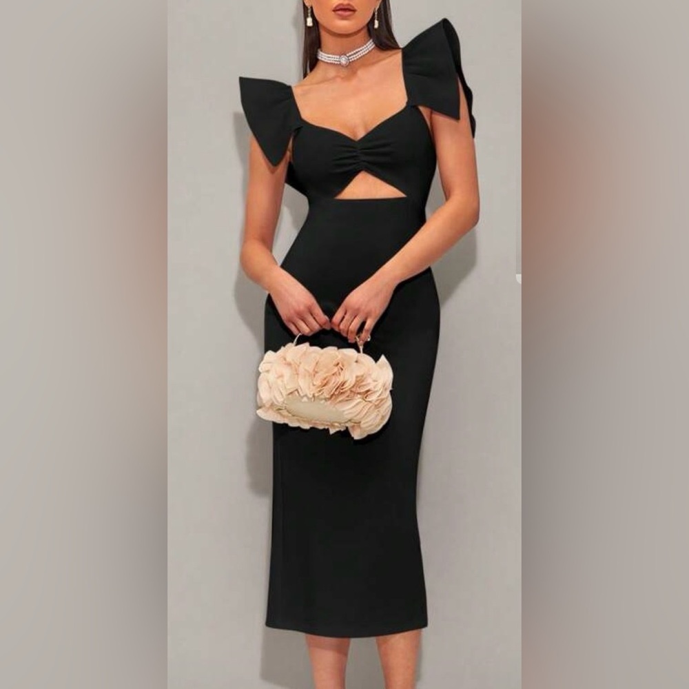 Sexy Elegant Black Shoulder Detail Dress with Cutout
